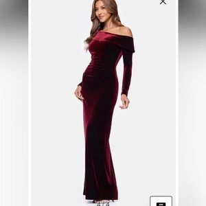 Xscape Burgundy Long Sleeve Velvet Dress